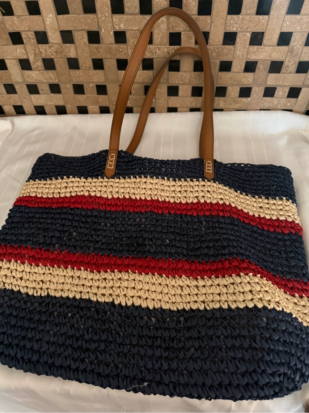 INC International Concepts Navy, Red & Cream Woven Tote with Tan Handles